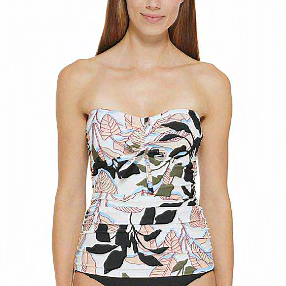 DKNY Welcome To The Jungle Printed Bandeau Bow Tankini Swim Top White‎ S